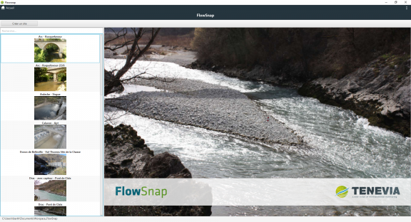 Ecran d'accueil du logiciel de jaugeage par analyse d'images FlowSnap