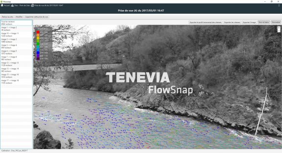 Résultat de mesure de vitesses d'écoulement en surface à partir du logiciel TENEVIA FlowSnap